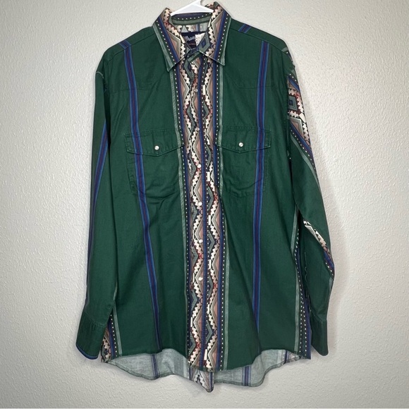 Vintage Wrangler Southwestern Aztec Green Pearl Snap Shirt L Cowboy Bushpopper - Picture 14 of 14